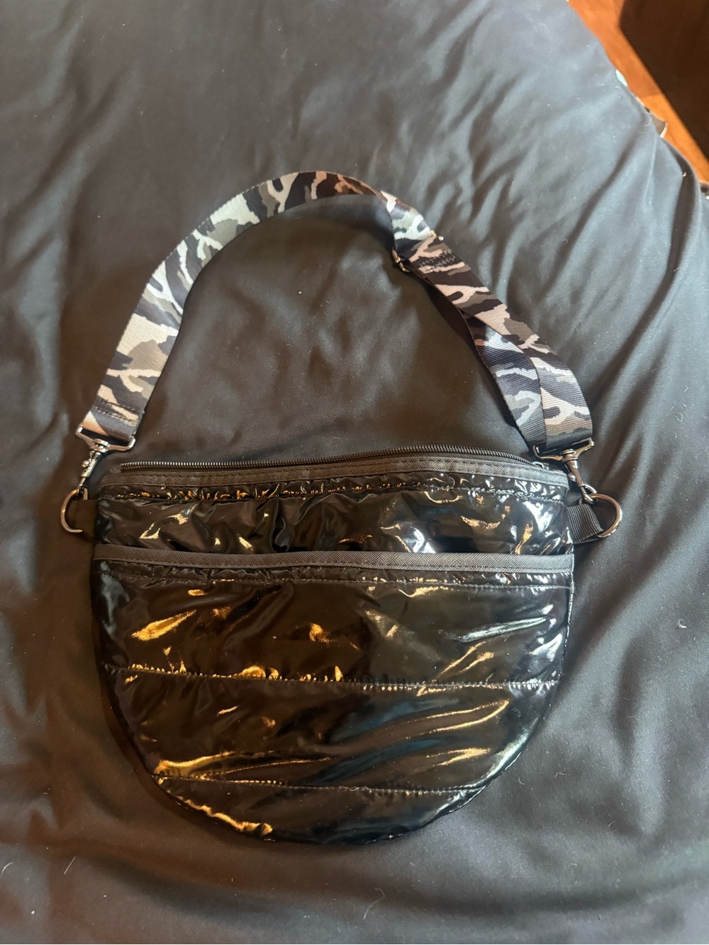 Black Patent Quilted Crossbody Bag / Fanny pack with Camouflage Strap